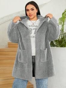 SHEIN EZwear 大码纯色长袖口袋简约连帽外套 - 淺灰色 - 查看 5