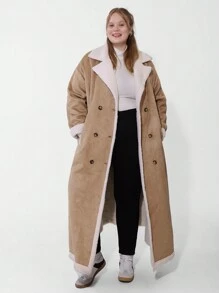 SHEIN CURVE+ Áo khoác nữ Curve Plus kẻ caro màu nâu cổ bẻ cài hai hàng khuy, dành cho mùa đông - Màu Khaki - Xem 6