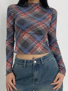 DAZY 1pc Women Stand Collar Long Sleeve Fitted Checkered Blouse, Casual For Daily Wear Plaid - Multicolor - View 3