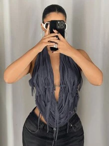 SHEIN ICON 1 件女式金属链细节破洞露背背心 - 灰色 - 查看 4
