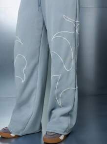 SUMWON WOMEN 现代艺术抽象印花慢跑家居服舒适松紧腰运动运动裤运动街头服饰秋冬休闲家居服 - 藍色 - 查看 3