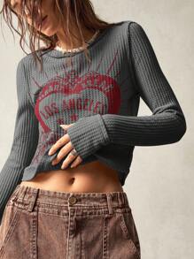 Bohemela Áo thun nữ cổ tròn tay dài dệt kim màu trơn mỏng in họa tiết thường ở giữa phía trước, thích hợp cho kỳ nghỉ - Màu xám đen - Xem 1