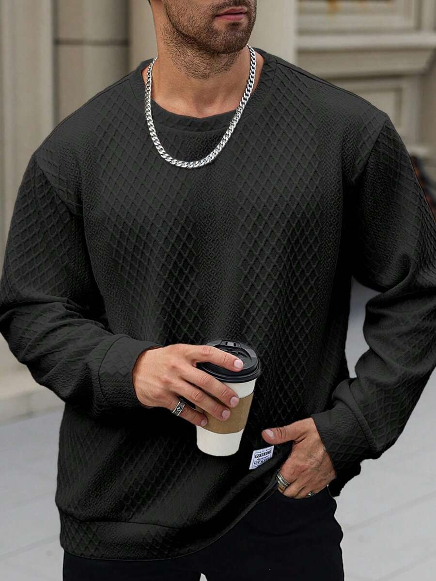 Manfinity Homme 大码男士休闲纯色纹理套头衫，秋冬款 - 黑色 - 查看 1