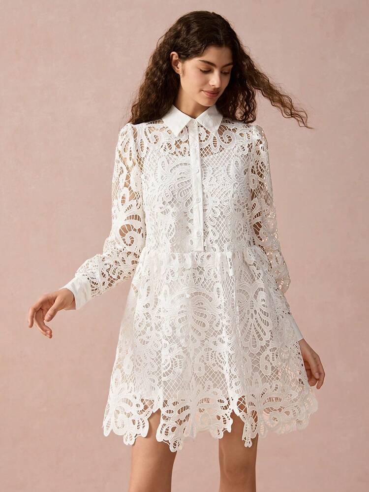 New Autumn Winter Products, Women Lapel Lantern Sleeve Hollow Out Lace Waisted Elegant Dress, Fall Winter Women's Clothing, Winter Dress, Long Sleeve Dress,White Dress,Fall Women Outfits,Winter Women Dress,Christmas Women Clothes,Vacation Dress,New Years Clothes