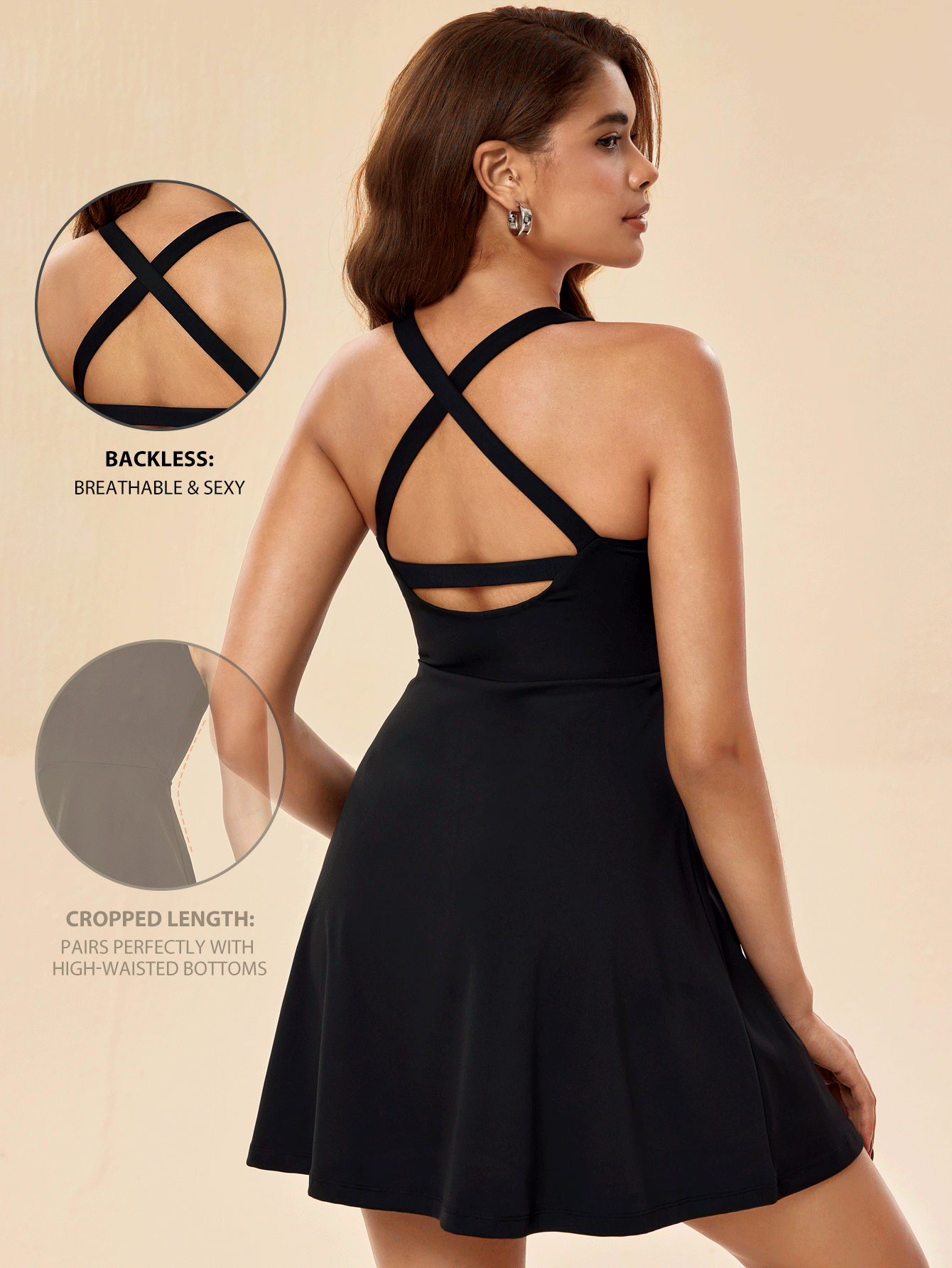 SHEIN Sports 女士夏季简约纯色弹力交叉后背运动连衣裙 - 黑色 - 查看 3