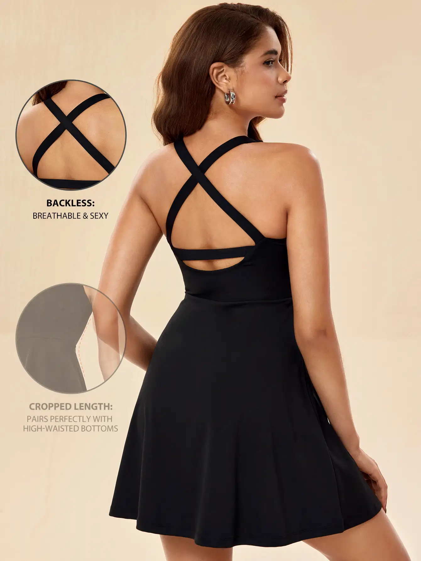 SHEIN Sports Women Summer Minimalist Solid Color Stretchy Criss Cross Back Sports Dress - Black - View 3