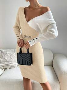 SHEIN Unity 女士休闲撞色 V 领针织毛衣连衣裙，秋冬 - 杏色 - 查看 5