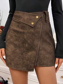 SHEIN LUNE 复古美式 PU 皮革 A 字迷你裙，高腰修身设计，适合娇小女性，适合秋冬季