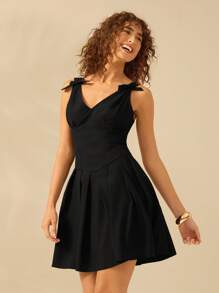 CAJUNI 女士 V 领无袖装饰蝴蝶结黑色短裙，假日休闲沙滩夏装 - 黑色 - 查看 5