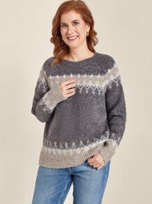 EMERY ROSE Plus Size Women Geometric Pattern Round Neck Raglan Long Sleeve Casual Knit Sweater, Fall Autumn/Winter