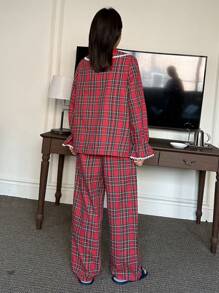 DAZY Cute Christmas Plaid Peter Pan Collar Ruffle Splicing Pajama Set, Fall Winter Clothes