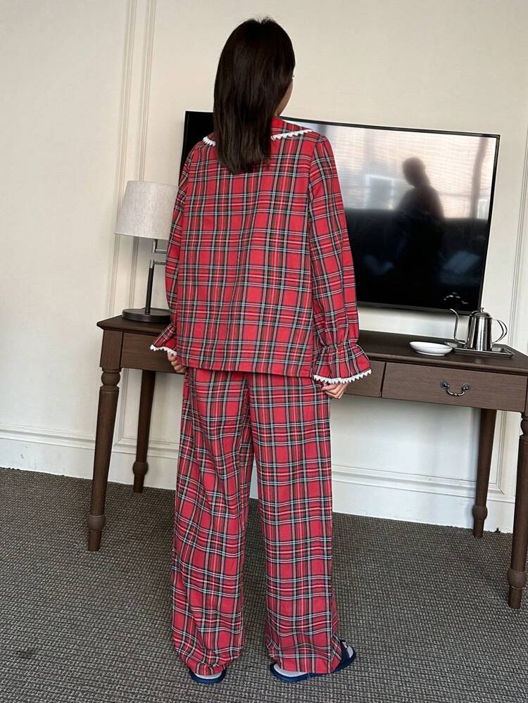 Cute Christmas Plaid Peter Pan Collar Ruffle Splicing Pajama Set, Fall Winter Clothes