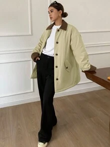 DAZY 女士拼色宽松长袖翻领口袋棉服外套，冬季女装，冬季外套女夹克