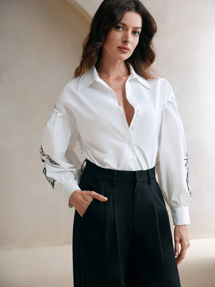 Elegant White Embroidered Blouse With Lantern Sleeves, Loose Fit Casual Shirt For Women