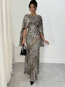 Chiquease Leopard Print Scoop Neck Dolman Sleeve Satin Dress Fall Cloth For Women - Khaki - View 4