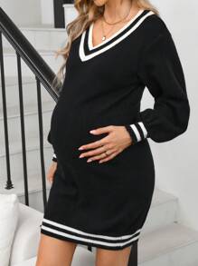 SHEIN Váy len dệt kim dài tay cổ chữ V kẻ sọc cho bà bầu, mùa thu/đông, dành cho bà bầu - Đen và trắng - Xem 2