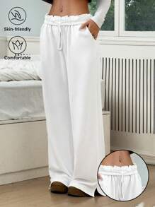 SHEIN EZwear 纯色荷叶边抽绳腰休闲运动裤 - 白色 - 查看 5