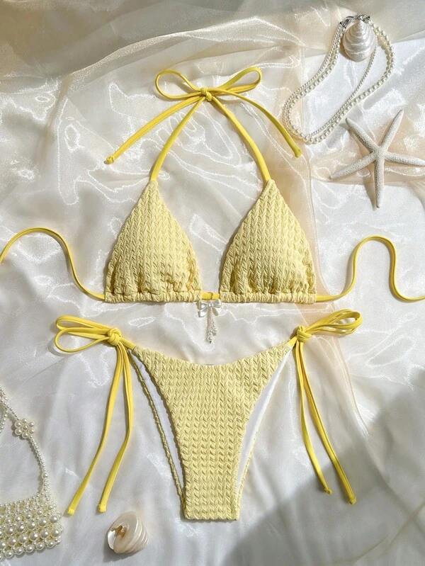 Swim Mod 2 件套女士夏季海滩纯色纹理面料吊带三角文胸配蝴蝶结装饰和侧系带三角裤比基尼套装