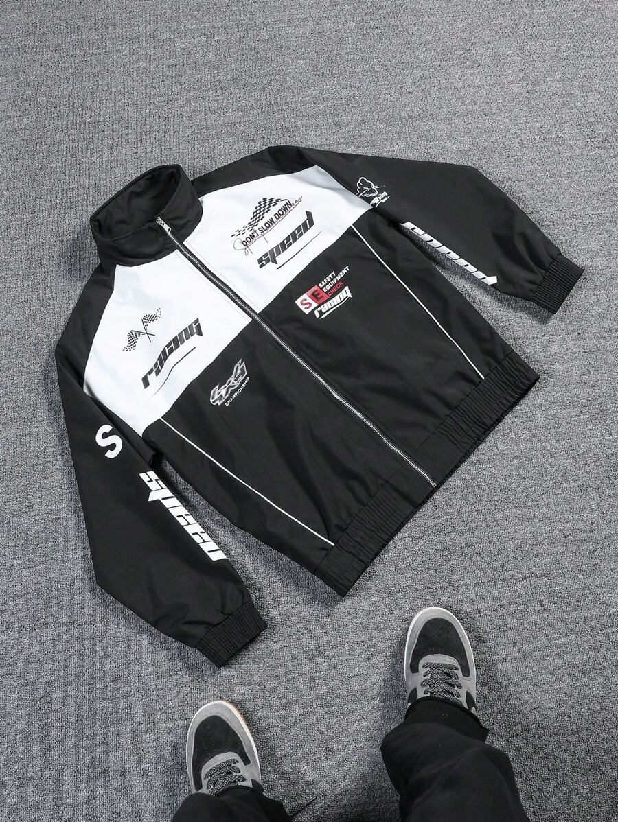 Manfinity EMRG Chaqueta casual de manga larga con estampado de letras y color contrastante para hombre, ideal para otoño