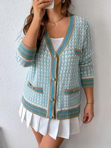 Celure Áo len cardigan dệt kim ngắn cổ chữ V in họa tiết kẻ caro cỡ lớn, dành cho mùa đông, áo len cardigan móc - Nhiều màu - Xem 2