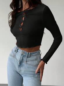 Aloruh 1 bucată tricou de damă alb cu mânecă lungă, decupată, cu volană, cu fundă, în față, cu tiv despicat, pentru întâlniri romantice