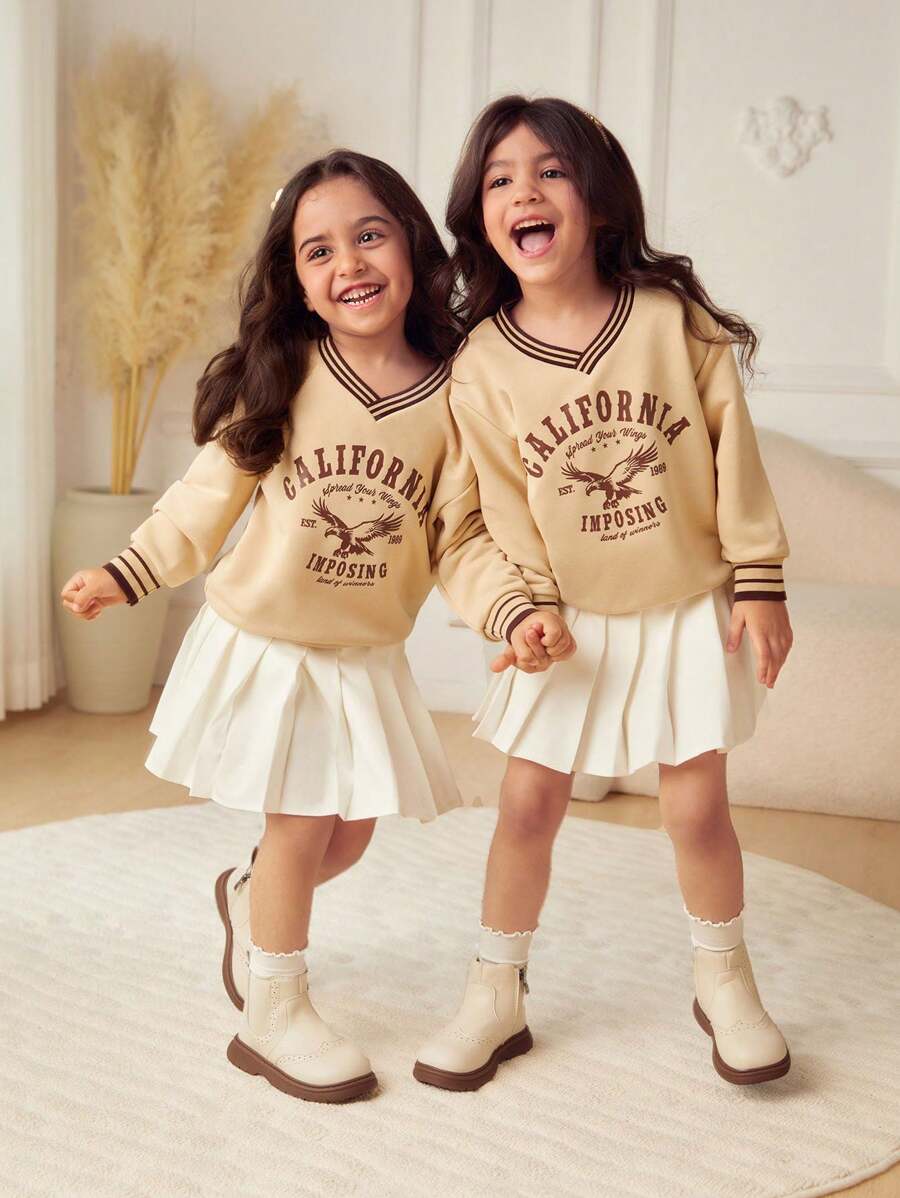 SHEIN 年轻女孩条纹印花 V 领长袖宽松休闲运动衫，秋季 - 卡其色 - 查看 1