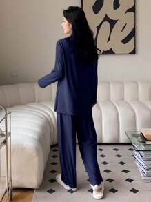 DAZY 2pcs Women Soft Sleepwear Pajama Set , V-Neck Color Block Lace Trim Long Sleeve Top And Pants, Fall Winter Clothes - Navy Blue - View 2