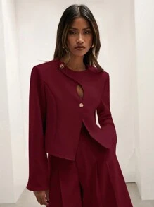 COSMINA 1 件女士时尚纯色镂空短夹克，秋季 - 酒紅色 - 查看 4