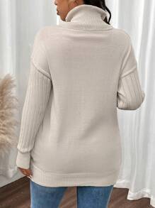 SHEIN LUNE Plus Size High Neck Asymmetrical Hem Button Drop Shoulder Pullover Sweater, For Winter Knit Pullover Fall - Khaki - View 2