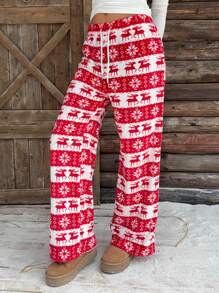 SHEIN EZwear Women's Front Tie Warm Christmas Fleece Pants, Casual Daily Wear, Autumn/Winter