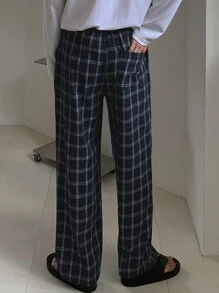 DAZY 男士休闲格子直筒裤，适合秋季 - 藍白色 - 查看 8