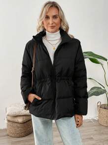 EMERY ROSE 女士纯色拉链连帽外套，冬季休闲装 - 黑色 - 查看 5