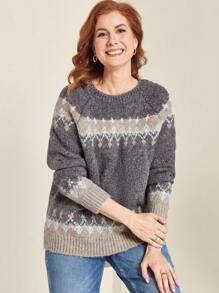 EMERY ROSE Plus Size Women Geometric Pattern Round Neck Raglan Long Sleeve Casual Knit Sweater, Fall Autumn/Winter