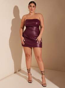 SHEIN BAE Robe moulante mini à plissés en PU de couleur unie pour femme grande taille