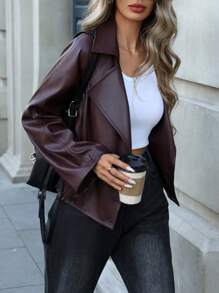 SHEIN LUNE Chaqueta de mujer elegante y casual para ir al trabajo o de vacaciones, de piel sintética (PU), con cuello entallado, hebilla metálica doble, bolsillos laterales, manga larga, apta para primavera, otoño e invierno