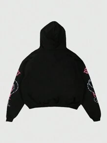 ROMWE MEN Street Life Men's Loose Fit Double Layer Hoodie Sweatshirt With Pattern, Autumn/Winter - Black - View 2