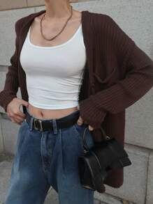 DAZY 1 pieza Chaqueta de punto de mujer con cuello en V, ajuste holgado, unicolor, manga larga y bolsillos