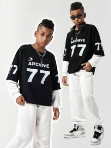 SHEIN Tween Boy Letter Print Stylish Crew Neck Casual Long Sleeve Mock Layered Sweatshirt - Black - View 1