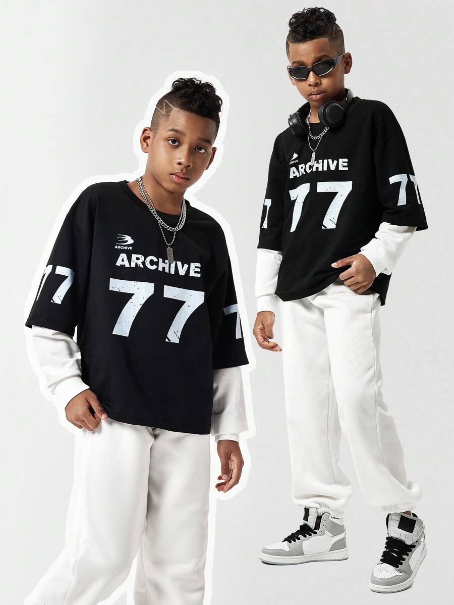 SHEIN Tween Boy Letter Print Stylish Crew Neck Casual Long Sleeve Mock Layered Sweatshirt - Black - View 1