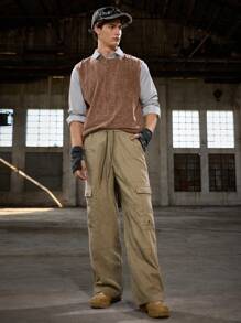 Manfinity VCAY Men's Casual Ribbed Fabric Loose Fit Drawstring Waist Straight Leg Pants - Army Green - View 5