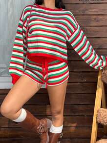 SHEIN EZwear 女式圣诞红绿条纹落肩针织毛衣和针织短裤套装 - 紅白色 - 查看 4