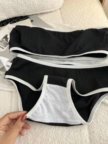 SHEIN 2pcs/Set Teen Girl Simple Comfort Contrast Color Padded Bandeau Bra And Breathable Soft Touch Triangular Panty - Black - View 4