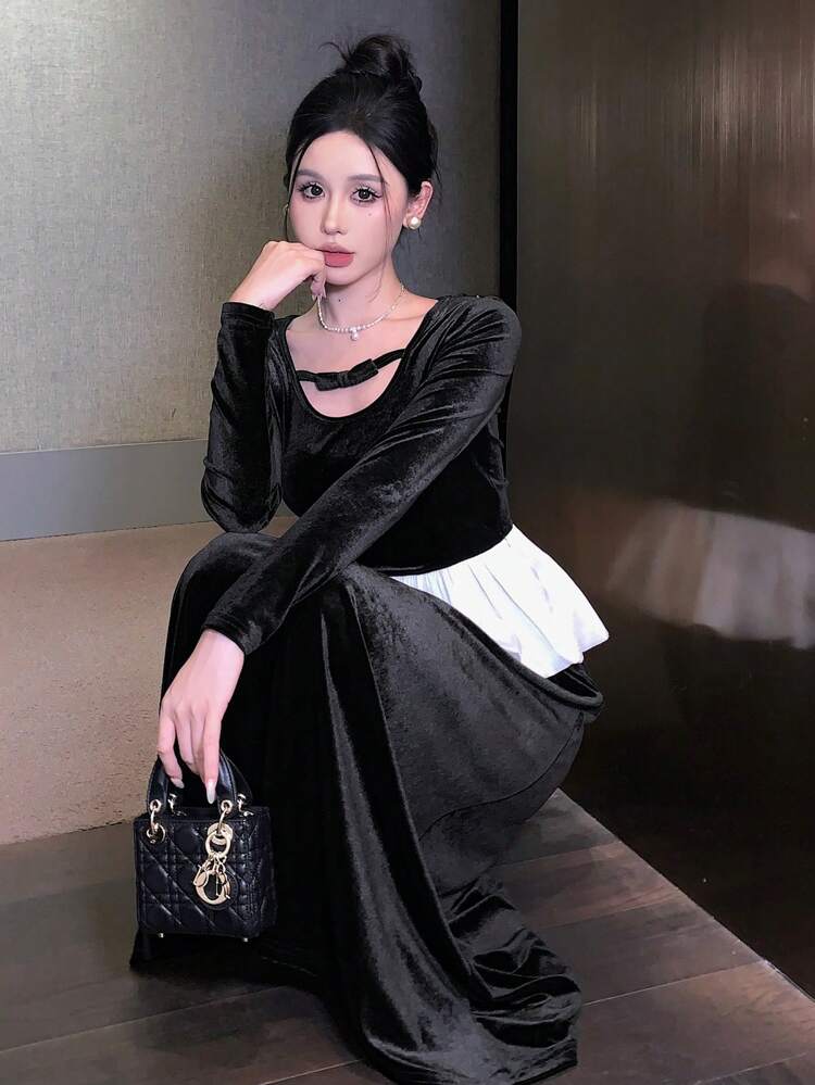 2pcs Women Elegant Velvet Ruffled Contrast Color Long Sleeve Top And Skirt Set, Suitable For Autumn And Winter ,New Year Eve,Fall Women Clothes