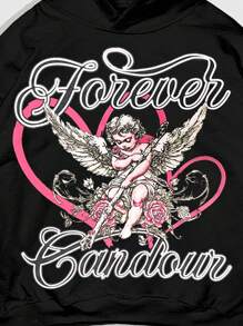 ROMWE MEN Street Life Men's Loose Fit Double Layer Hoodie Sweatshirt With Pattern, Autumn/Winter - Black - View 4