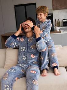 男童蓝色简约舒适夜光恐龙毛绒连脚睡衣，爸爸和我的配套服装（2 件单独出售） - 藍色 - 查看 3