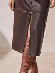 BizChic 女士高开衩PU半身裙，都市通勤商务休闲办公装，优雅女士正装 - 棕色 - 查看 7