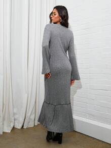 COSMINA Women's Elegant Flared Sleeve Fish Tail Hem Old Money Style Elegant Dress, Fall - Grey - View 2