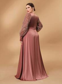 SHEIN Belle 大码闪亮拼色无袖 A 字形灯笼袖礼服，优雅适合晚会、长袖舞会礼服、婚礼宾客礼服、毕业典礼礼服、晚宴礼服、派对礼服 - 藕粉色 - 查看 7