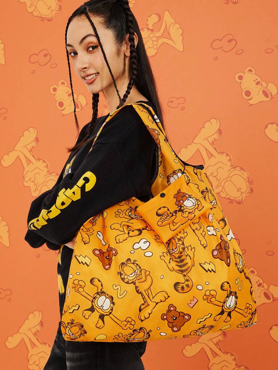 GARFIELD | SHEIN Cartoon & Letter Printed Orange  RPET Foldable Reusable Shopping Bag - Orange - View 1