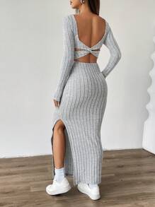INAWLY Women Sexy Backless Fitted Split Hem Dress, Autumn Fall Cloth For Women - Grey - View 2